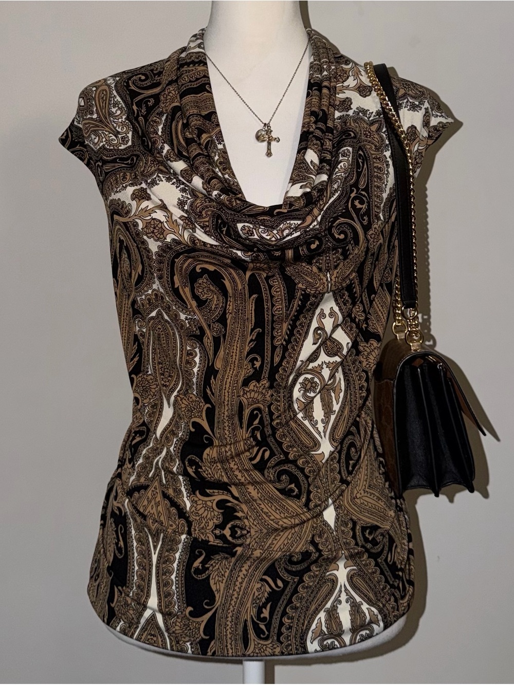 2000s vintage tuscan style whimsical bohemian paisley cowl neck blouse top